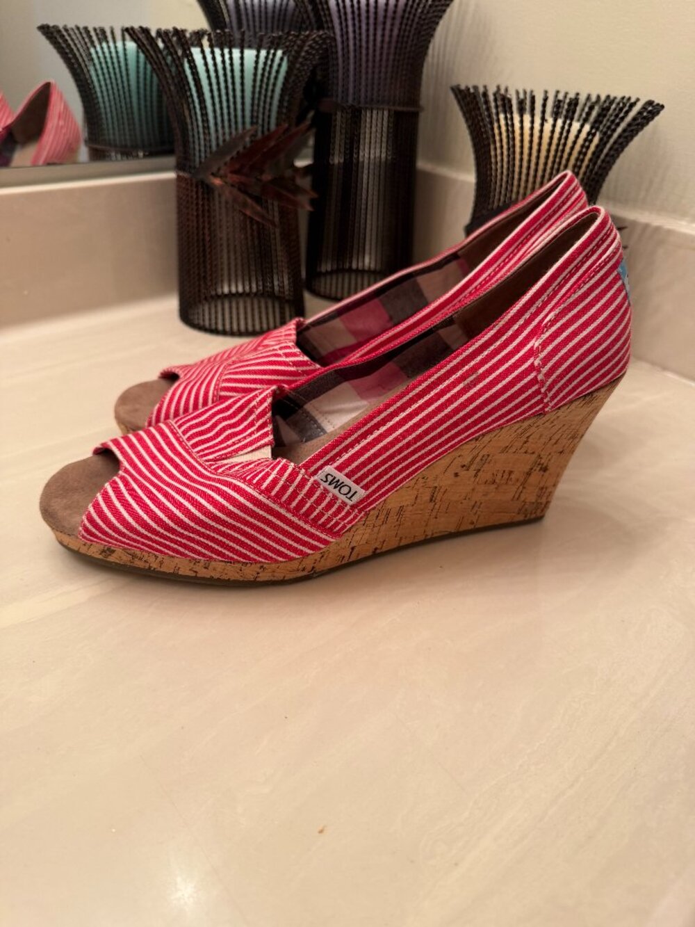 ❤️ TOMS Red Stripe Cork Wedges | Peep Toe Summer Shoes | Size 11